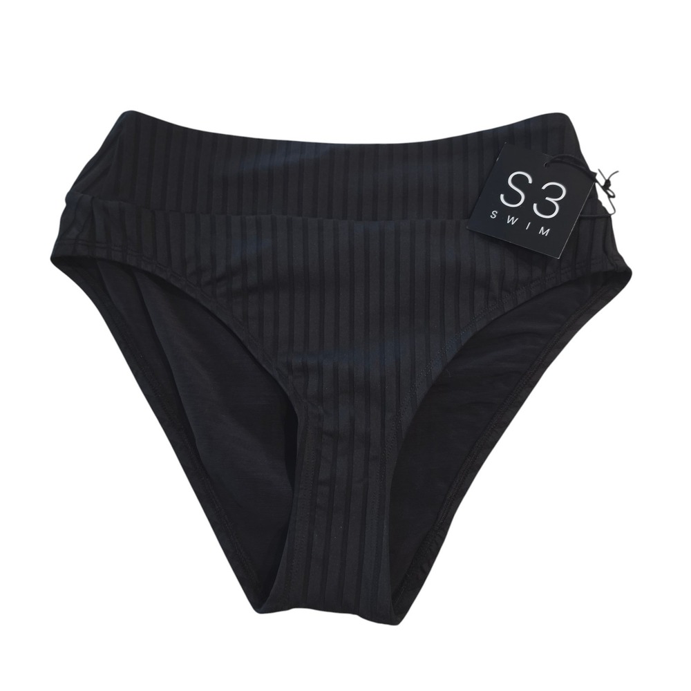 S3 Swim Women Bikini Bottom Black Ribbed High Waist Banded Small